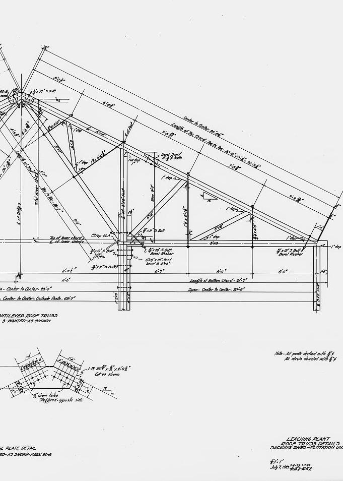 The Kennecott Copper Mines, McCarthy Alaska 1982 PHOTOCOPY OF DRAWING, AMMONIA LEACHING PLANT ROOF TRUSS DETAILS, SACKING SHED-FLOTATION UNIT