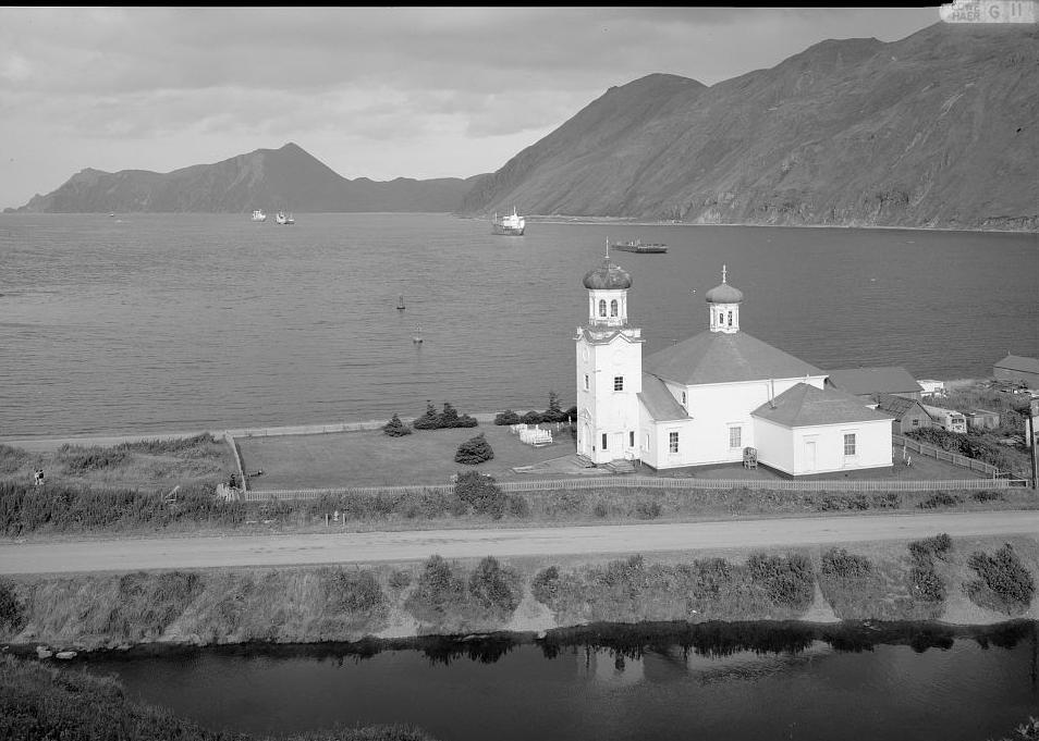 Holy Ascension Russian Orthodox Church, Unalaska Alaska 1990 NORTHWEST FRONT AND SOUTHWEST SIDE, FROM ABOVE