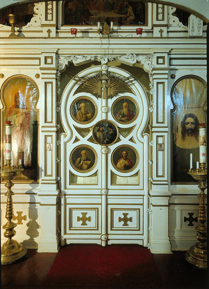 Holy Ascension Russian Orthodox Church, Unalaska Alaska INTERIOR, NAVE, ICONOSTAS, DETAIL OF ROYAL DOORS