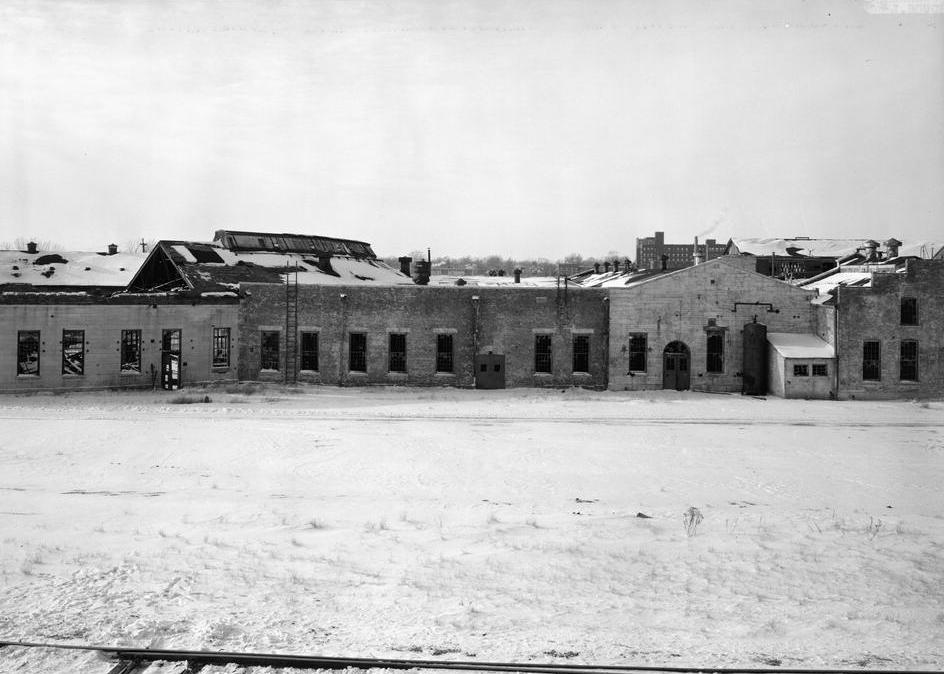 Chicago, Burlington and Quincy -CBQ- Railroad Roundhouse and Shops, Aurora Illinois General view showing the wst (rear) side of the shops with the roundhouse on the left, from the southwest