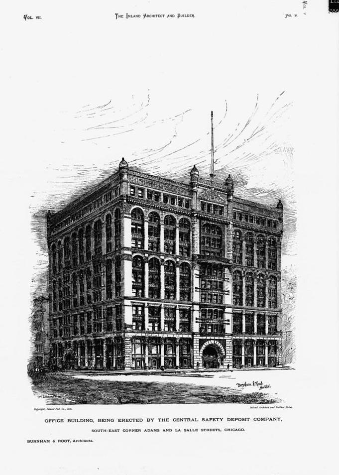 Rookery Building, Chicago Illinois Office Building, Being Erected by the Central Safety Deposit Company Published in The Inland Architect and Builder, Vol. VII No. 9 Courtesy Chicago Historical Society