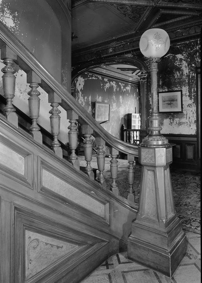 Hegeler Carus Mansion, La Salle Illinois 2008 First floor, stairway, newel and light post from northwest