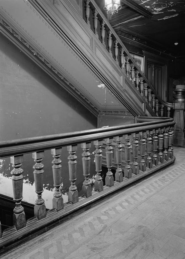 Hegeler Carus Mansion, La Salle Illinois 2008 Second floor, stairway, railings and parquet form northwest corner of hallway