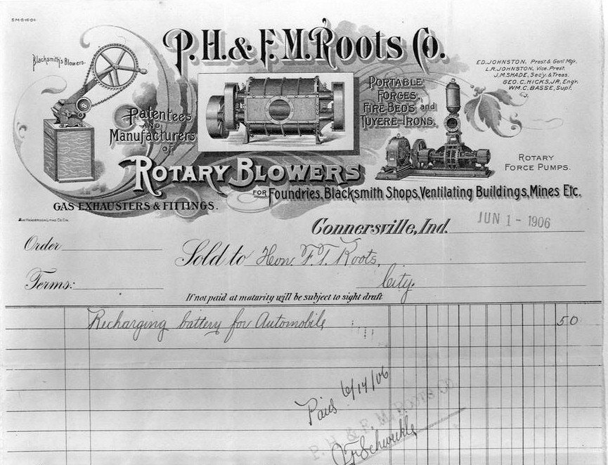 Roots Blower Company, Connersville Indiana ROOTS CO., STATEMENT OF June 1, 1906, FROM COLLECTION OF KENNETH MILLS