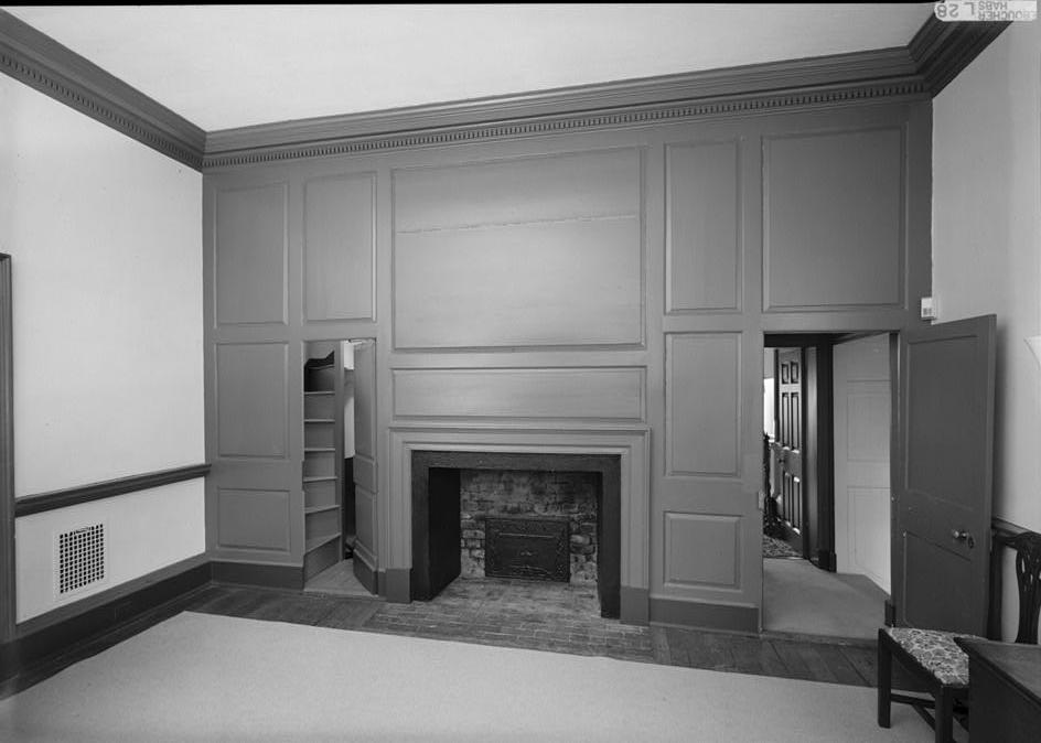 Montpelier - Snowden House, Laurel Maryland VIEW OF SOUTHWEST, FIRST FLOOR ROOM, EAST WALL, WITH SECRET DOOR TO BOXED STAIRWAY TO ROOM ABOVE OPEN IN PANELLED WALL