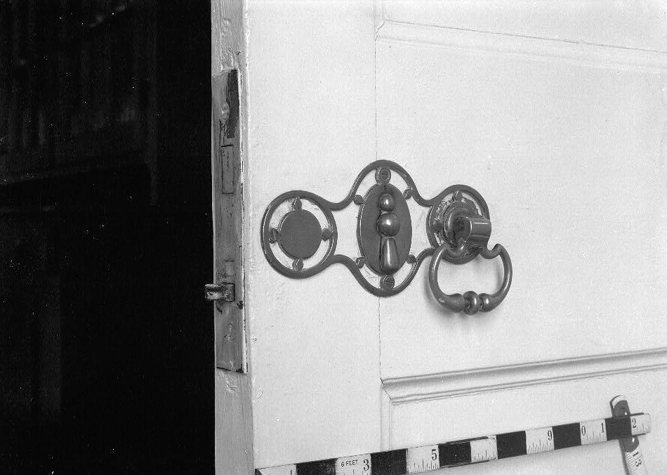 Poplar Hill -  His Lordships Kindness, Rosaryville Maryland 1936  DETAIL OF BRASS ESCUTCHEON AND RING HANDLE.