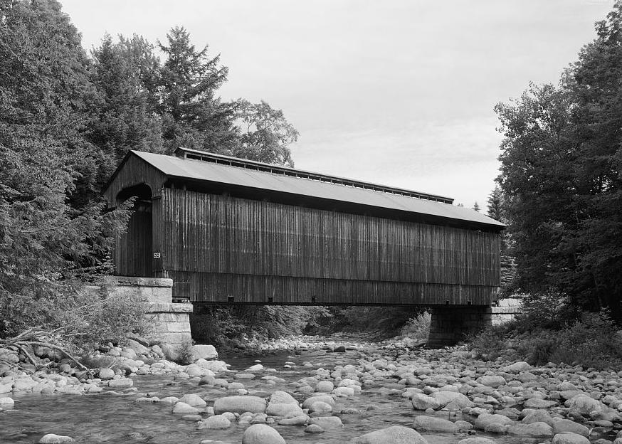 Clark's Covered Railroad Bridge, Lincoln New Hampshire 2003 FROM MIDSTREAM WITH CLERESTORY.