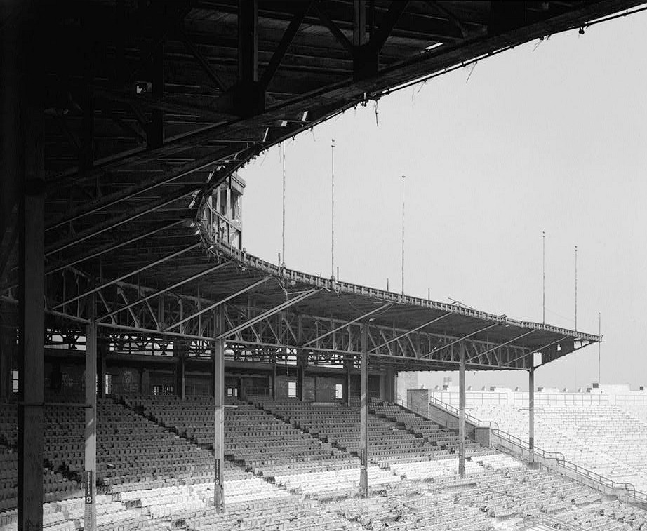 Roosevelt Stadium, Jersey City New Jersey 1984 VIEW OF GRANDSTAND FROM SOUTHEAST, SHOWING ROOF STRUCTURE AND FLAGPOLES