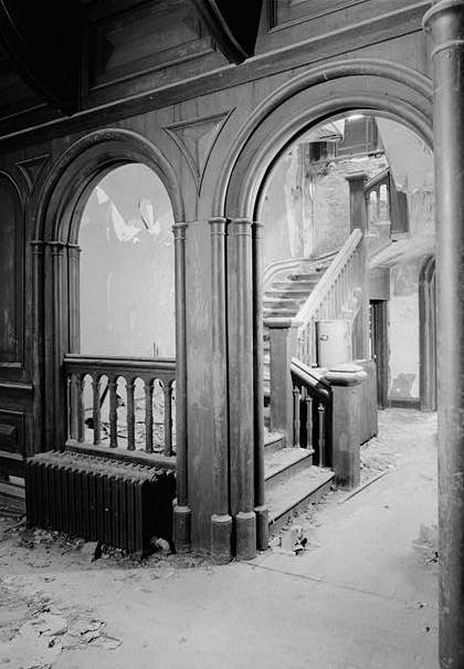 Wyndclyffe Mansion (Linden Grove), Rhinebeck New York FIRST-FLOOR INTERIOR DETAIL AS SEEN THROUGH ARCHES SHOWING STAIRCASE, NORTH SIDE OF HOUSE