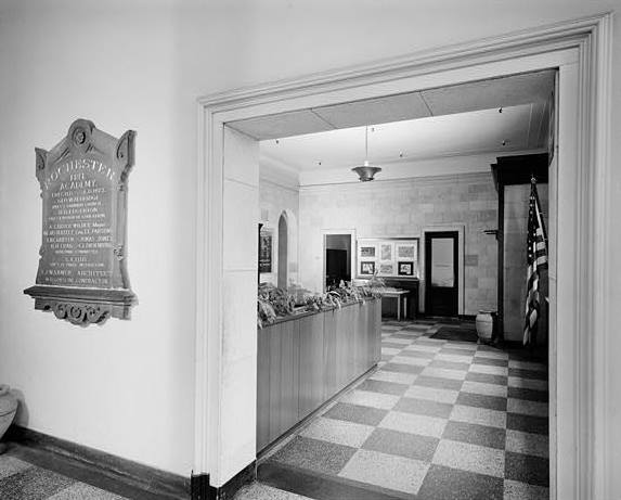 Rochester Free Academy (Board of Education Building), Rochester New York 1968 INTERIOR, VIEW OF LOBBY WITH COMMEMORATIVE PLAQUE 