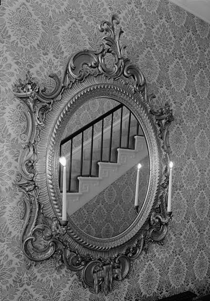 Samuel Gilbert Hathaway House (Hathaway Hall), Solon New York INTERIOR, FIRST FLOOR, DETAIL OF HALL MIRROR REFLECTING STAIRCASE WITH GREEK FRET MOTIF ON THE STRINGER