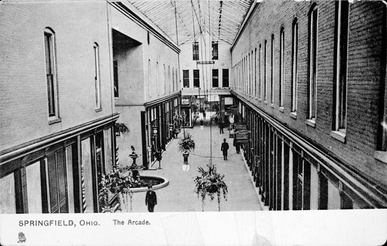Arcade Hotel, Springfield Ohio Postcard (from the Clark County Historical Society, Springfield, Ohio, no date) THE ARCADE, VIEW NORTH OF INTERIOR