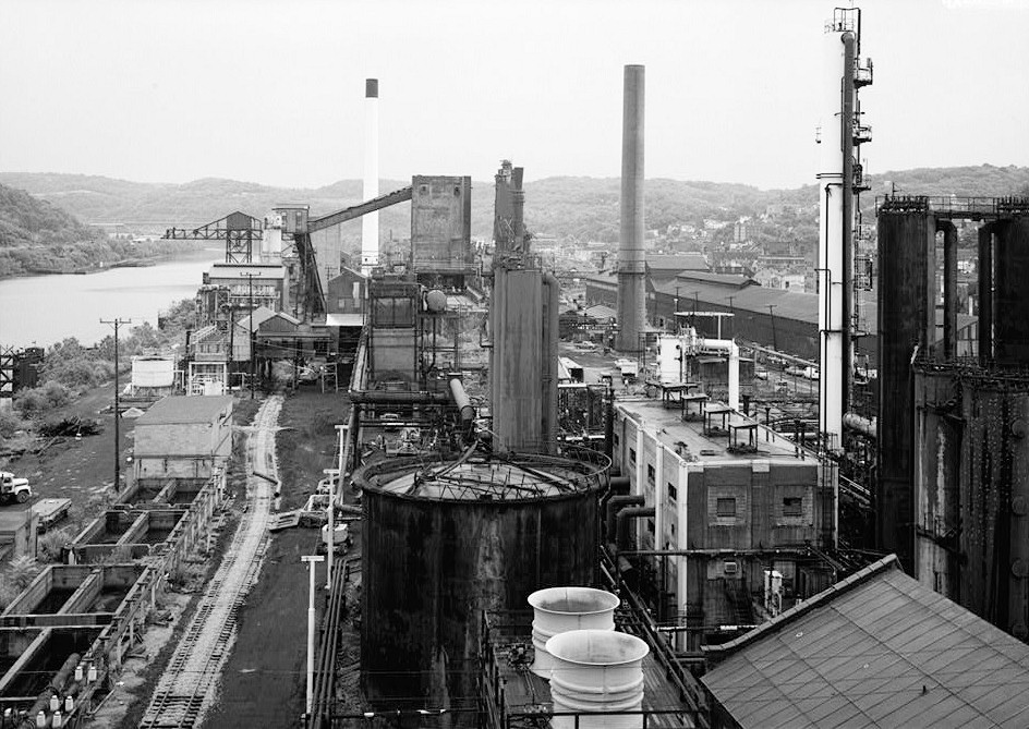 Pittsburgh Steel Company Monessen Works, Monessen Pennsylvania 1995 VIEW FACING EAST TOWARD KOPPERS COKE PLANT, MONONGAHELA RIVER TO LEFT, LOCOMOTIVE REPAIR SHOP CITY OF MONESSEN TO THE RIGHT.