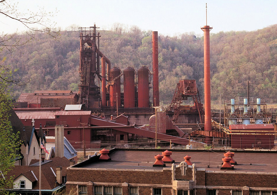 Pittsburgh Steel Company Monessen Works, Monessen Pennsylvania 1991 VIEW FROM PARK DRIVE LOOKING WEST, SHOWING WHEELING PITTSBURGH BLAST FURNACES WITH PAROCHIAL SCHOOL (ST. LEONARDS) IN FOREGROUND
