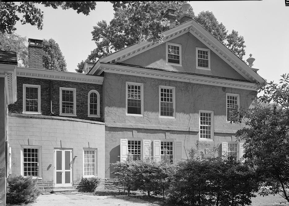 Cliveden - Chew House, Philadelphia Pennsylvania WEST ELEVATION AND CURVING ONE-STORY ARCADE (LEFT), FROM WEST