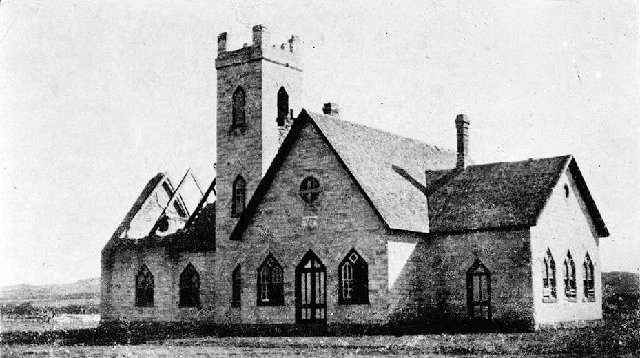 Old Fort Randall Church, Fairfax South Dakota South Dakota Historical Society, PHOTOGRAPH OF OLD FORT RANDALL CHURCH MADE BY 'SHORTREED' OF GEDDES, SOUTH DAKOTA ABOUT 1905 AFTER A HURRICANE HAD UNROOFED THE CHAPEL SECTION.  THIS IS THE ONLY PICTURE OF THE STRUCTURE SHOWING IT IN FAIRLY INTACT CONDITION.