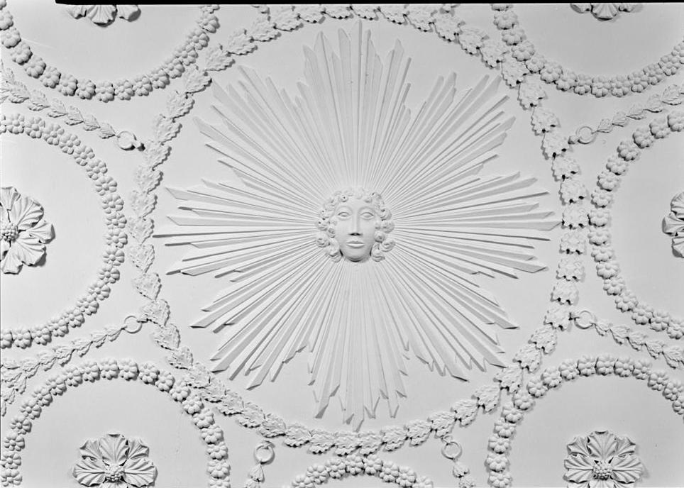 Kenmore House, Fredericksburg Virginia 1983  FIRST FLOOR, DINING ROOM, DETAIL OF 'APOLLO' MOTIF IN CEILING DECORATION