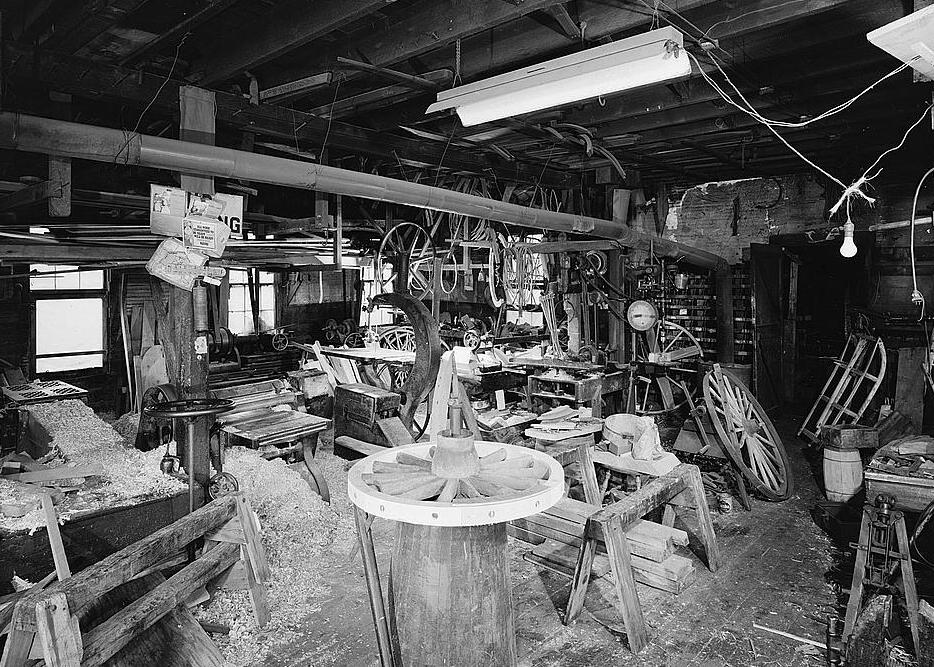 Ben Thresher's Mill, Barnet Vermont 1979 Woodworking Mill (first floor): view looking east from front door; wheel horse set up in foreground