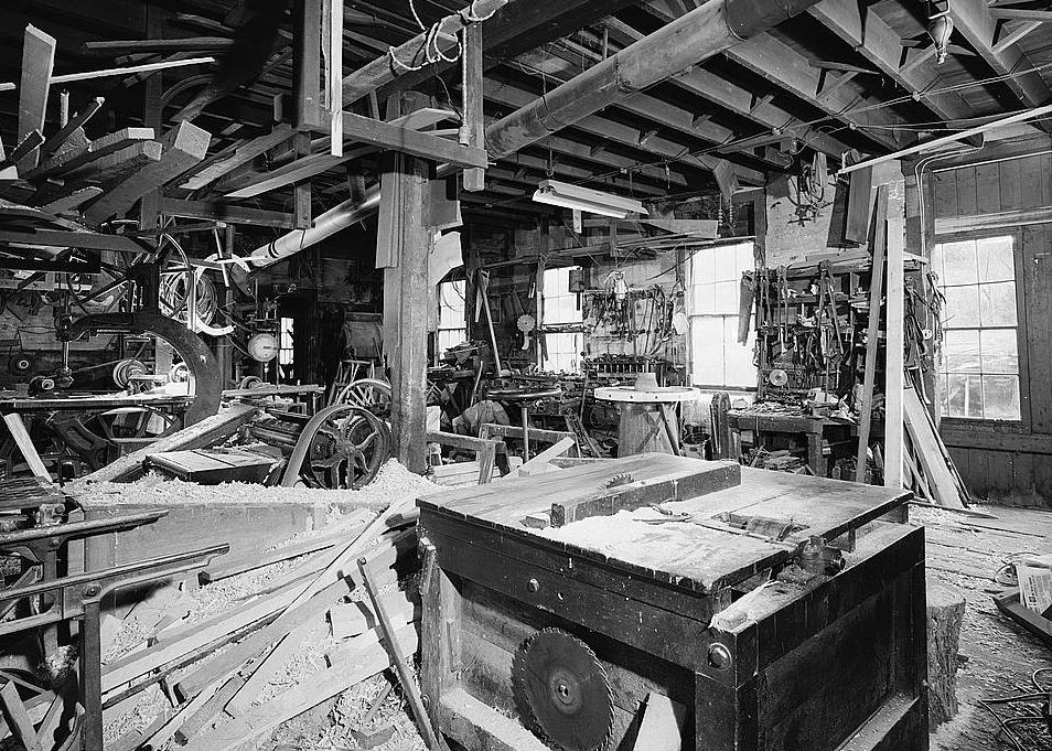 Ben Thresher's Mill, Barnet Vermont 1979 Woodworking Mill (first floor): view looking south; wood-framed table saw in foreground