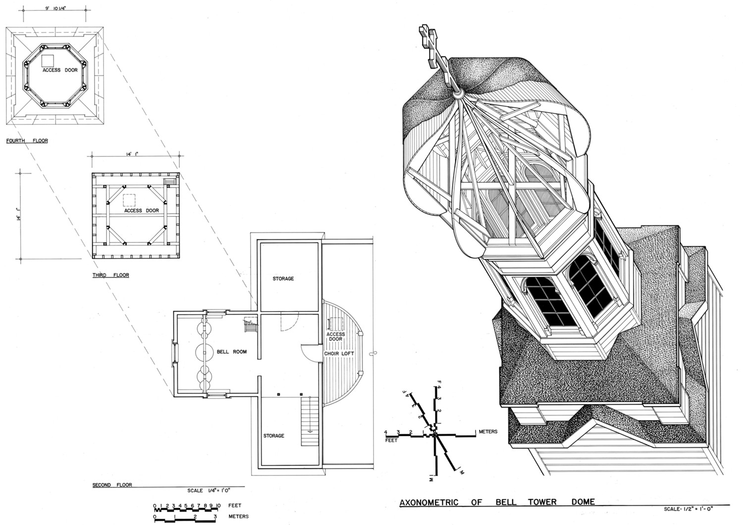 Holy Ascension Russian Orthodox Church, Unalaska Alaska Bell tower floor plans & axonometric