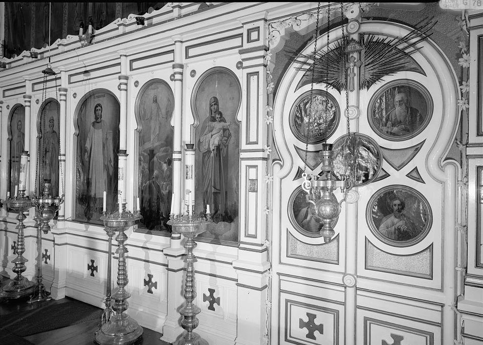 Holy Ascension Russian Orthodox Church, Unalaska Alaska 1990 INTERIOR, NAVE, ICONOSTAS, DETAIL OF LEFT HALF, WITH LAMPADA
