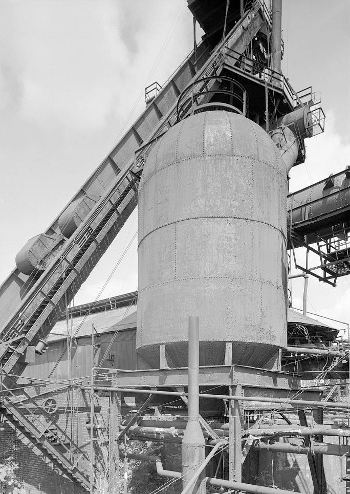 Sloss Furnace - Sloss-Sheffield Steel & Iron Company, Birmingham Alabama 1977 No. 2 Furnace dust catcher with skip-hoist in background