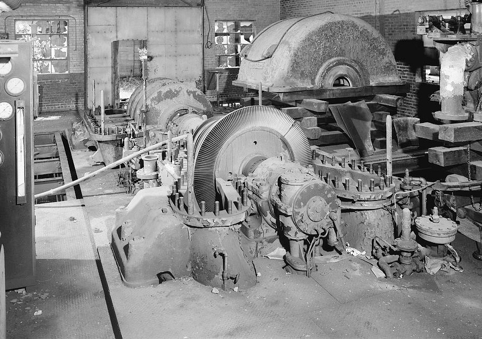 Sloss Furnace - Sloss-Sheffield Steel & Iron Company, Birmingham Alabama 1977 View inside No. 2 turbo-blower house looking west showing 1951 Ingersoll-Rand turbo-blower with engine casing removed.