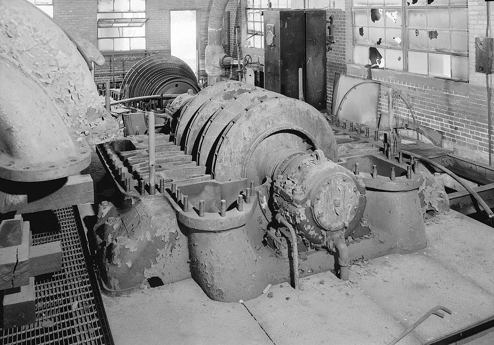 Sloss Furnace - Sloss-Sheffield Steel & Iron Company, Birmingham Alabama 1977 View inside No. 2 turbo-blower house looking east showing 1951 Ingersoll-Rand turbo-blower with engine casing removed