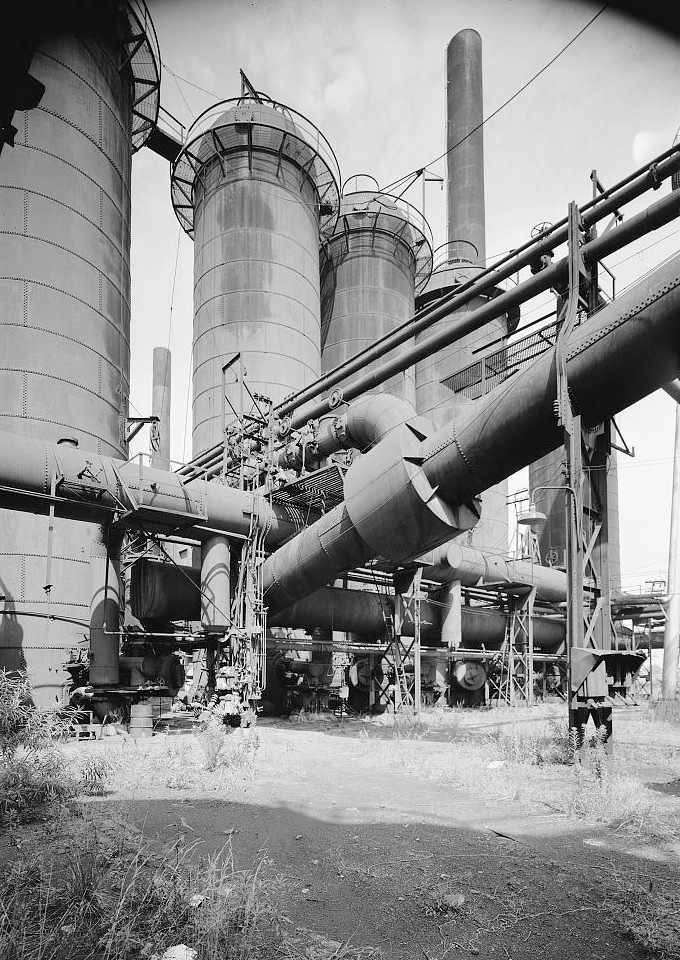 Sloss Furnace - Sloss-Sheffield Steel & Iron Company, Birmingham Alabama 1977 View of hot blast main (inclined pipe) going to No. 1 Furnace