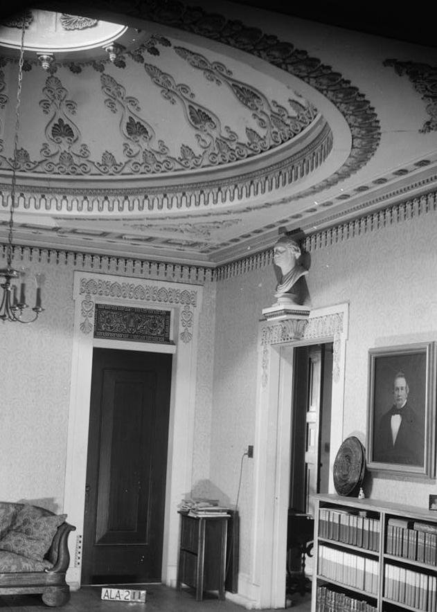 Gaineswood Mansion, Demopolis Alabama Library northwest corner and ceiling. 1936