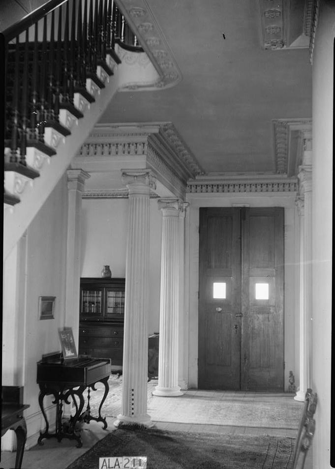 Gaineswood Mansion, Demopolis Alabama VIEW IN FRONT OF HALL SHOWING DETAIL OF COLUMNS, CORNICE AND PORTION OF STAIR May 23, 1936.