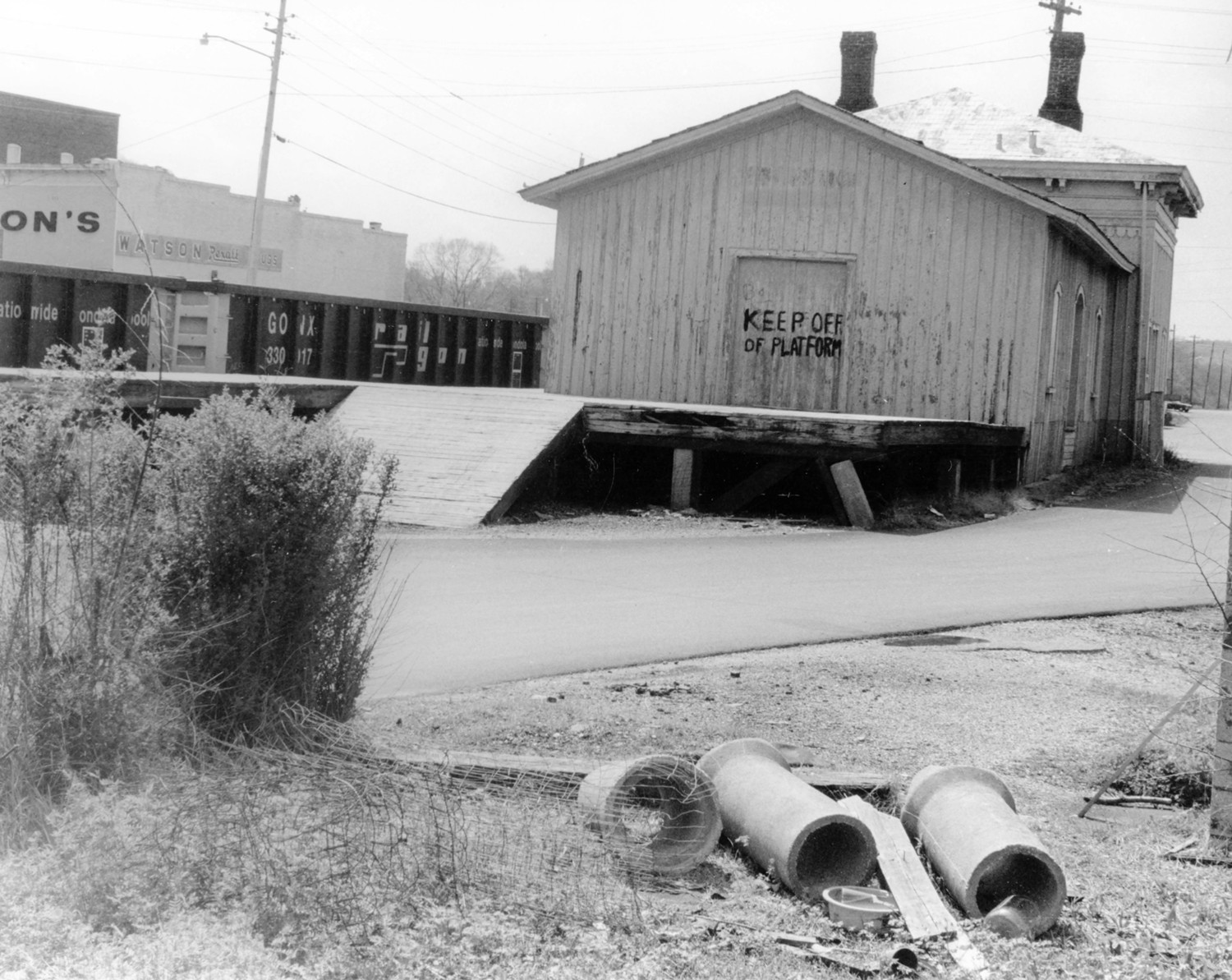 Southern Railway Depot, Piedmont Alabama Looking Southeast at east and north side of building (1983)