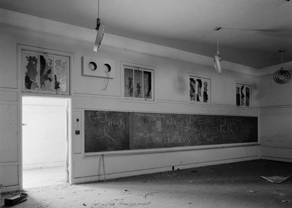 Campbell Union Grammar School, Campbell California Typical classroom with chalkboard, entrance onto courtyard (1983)