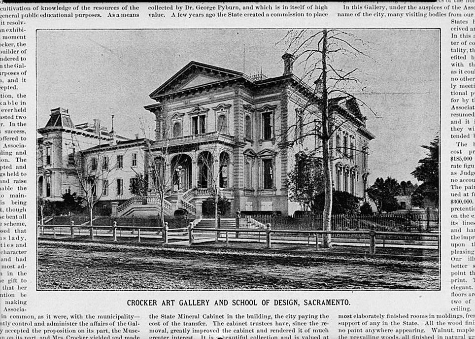 Crocker Art Gallery and Annex, Sacramento California Onemis Magazine, August 5, 1893 NORTHWEST CORNER ELEVATION (E. B. Crocker House at Left, Crocker Art Gallery at Right)