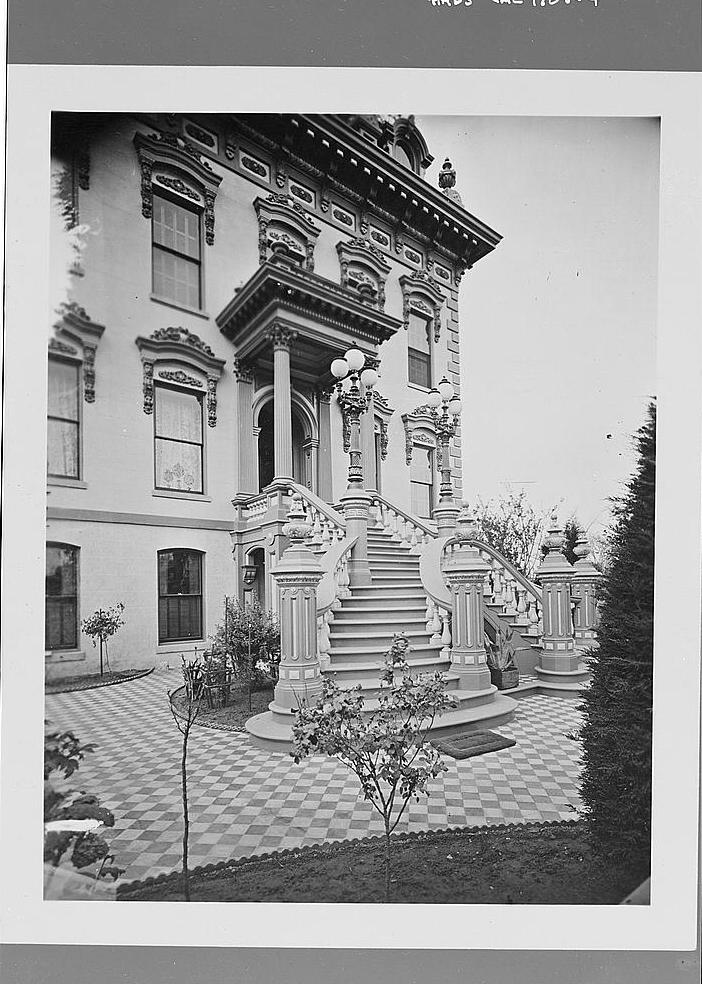 Stanford-Lathrop Mansion, Sacramento California Photocopy of 1872 photograph by Eadweard Muybridge in Stanford University Archives, PC 6. VIEW FROM THE SOUTHWEST, SHOWING NEW SOUTH WING
