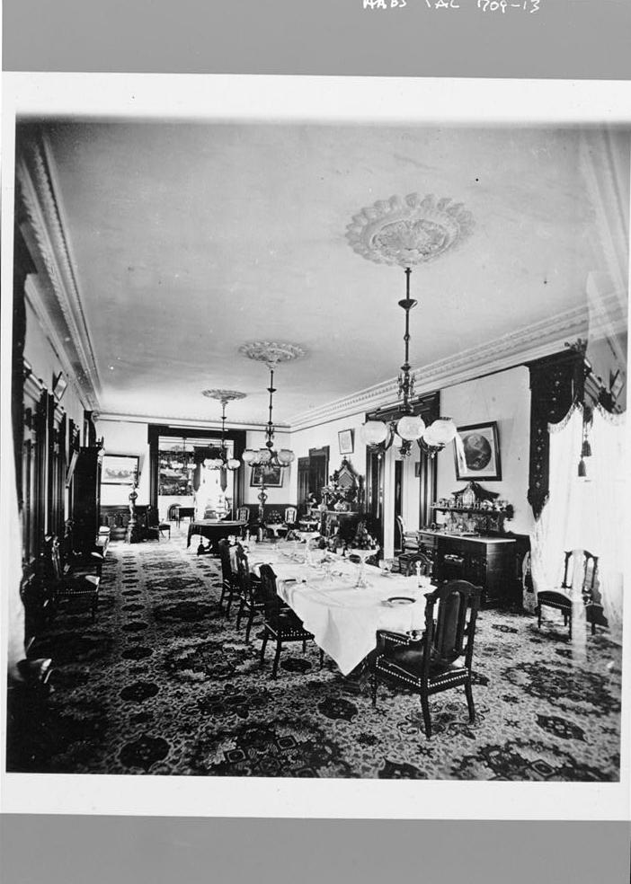 Stanford-Lathrop Mansion, Sacramento California Photocopy of 1872 photograph by Eadweard Muybridge in Stanford University Archives, PC 6. DINING ROOM IN 'NEW' SOUTH WING, LOOKING WEST