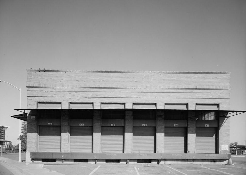 Southern Pacific Train Station Post Office, Sacramento California 1994 View of loading dock of American Railway Express Building, facing west. Projecting metal canopy and roll-up doors are principal elements