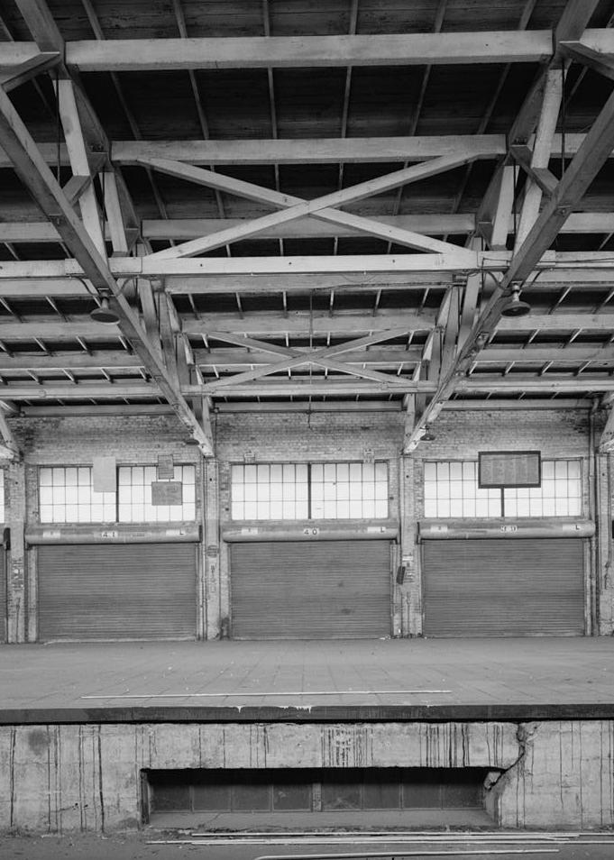 Southern Pacific Train Station Post Office, Sacramento California 1994 View of interior of loading dock, main floor, looking south, showing detail of truss system, side of dock
