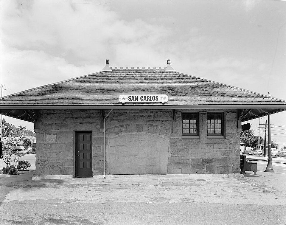 Southern Pacific Railroad Train Depot, San Carlos California 1987 Southeast facade, view to northwest. Former end baggage door infilled by Southern Pacific ca. 1937.