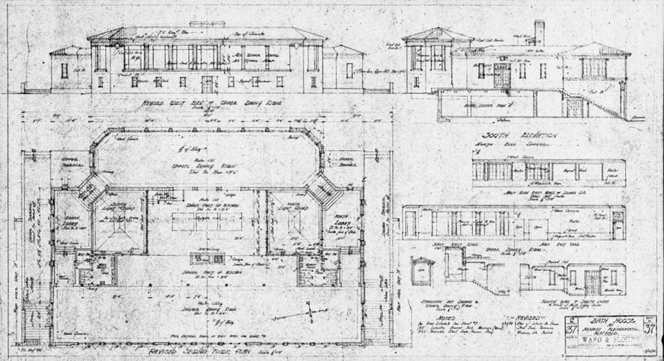 Fleishhacker Pool and Bath House, San Francisco California CENTRAL BLOCK PLAN, WEST AND SOUTH ELEVATIONS