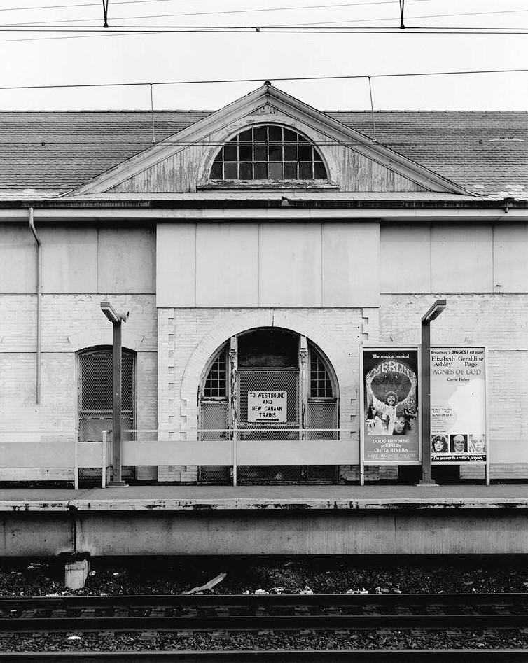 New York, New Haven & Hartford Railroad Passenger Station, Stamford Connecticut 1983 View from trackside of former pedimented entrance to eastbound station.