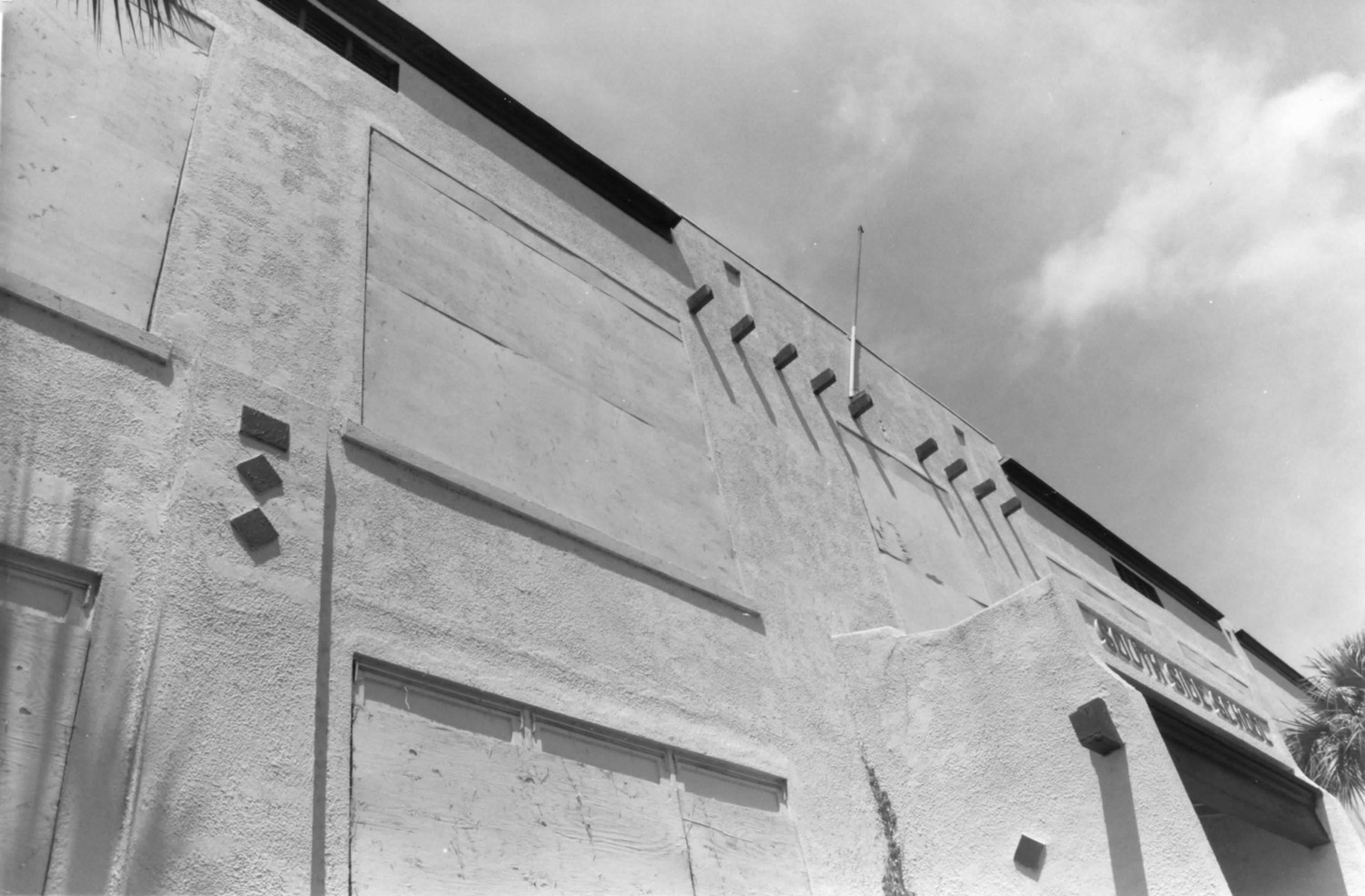 South Side School, Fort Lauderdale Florida Front exterior, south of front entrance, showing diamonds, scuppers, and other detail, facing southwest (2005)