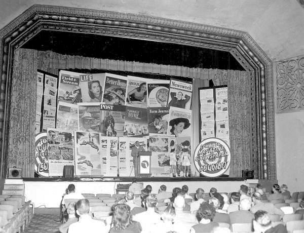 Coconut Grove Playhouse, Miami Florida 1946 photograph of the Kiehnel and Elliott-designed auditorium proscenium, which remains today. The 1955 Alfred Browning Parker alterations added depth to this original stage (1946)