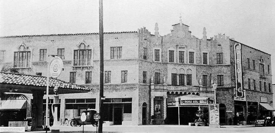 Coconut Grove Playhouse, Miami Florida 1930s photograph of the Coconut Grove Theater. Taken from across Main Highway and Charles Avenue, the photograph demonstrates the original Kiehnel and Elliott design, including the building's pediment, parapets, and original storefronts. (1930)
