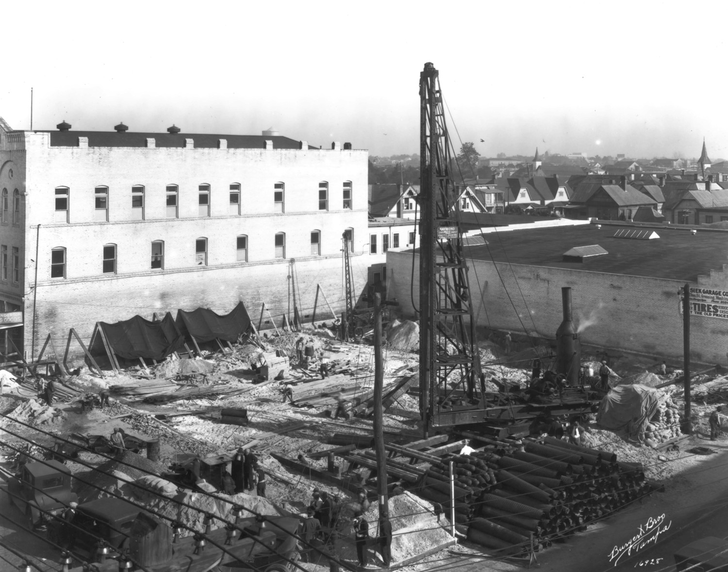 Floridan Hotel, Tampa Florida View of hotel under construction, showing the installation of foundation pilings looking northeast (1926)