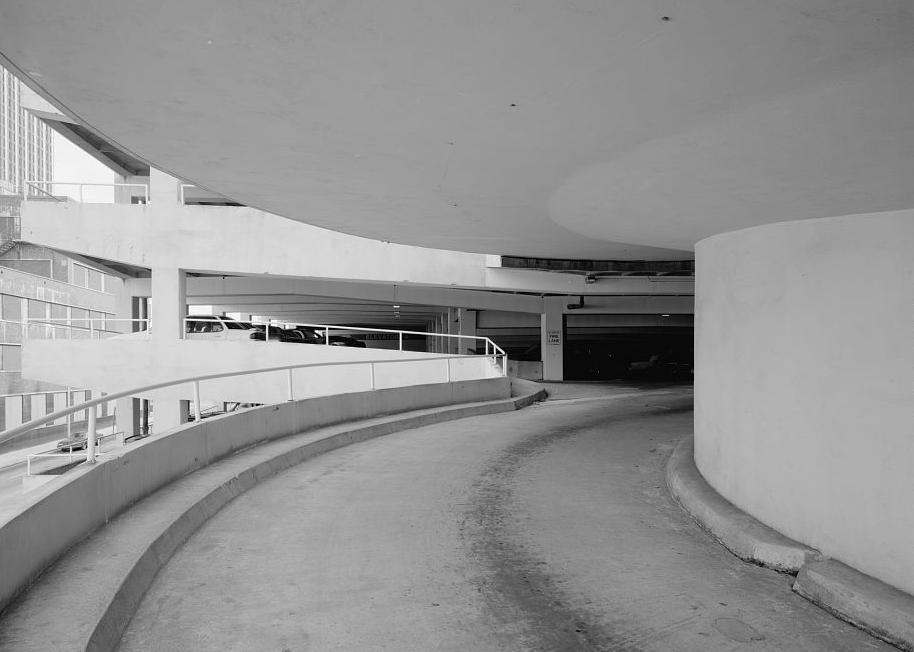 Rich's Downtown Department Store, Atlanta Georgia 1994  View of parking exit spiral ramp, from west looking east into parking deck.