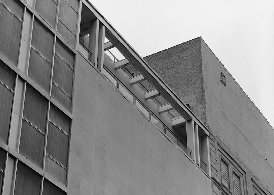 Rich's Downtown Department Store, Atlanta Georgia 1994  View of balcony detail and connection to 1924 store and 1951/1953 addition, from southeast looking up.