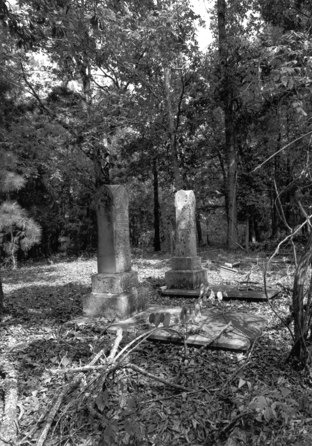 Thornton Plantation, Pine Mountain Georgia Mullins Cemetery, two marble obelisks in a row of burials, south side of the cemetery looking northwest. (2002)