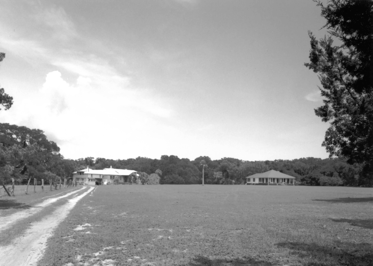Greyfield Estate, Cumberland Island St. Marys Georgia Private residences to the east of the barn, on the left is Gogo Ferguson's studio and residence, and on the right, another private residence looking north (2000)
