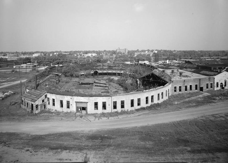Chicago, Burlington and Quincy -CBQ- Railroad Roundhouse and Shops, Aurora Illinois Roundhouse showing roof arrangement, facing west.